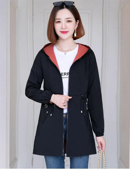 Double-Sided Trench Coat Women 2023New Fashion Spring Autumn Clothes Hooded Mid-Length Windbreakers Female Outerwear Casual Tops