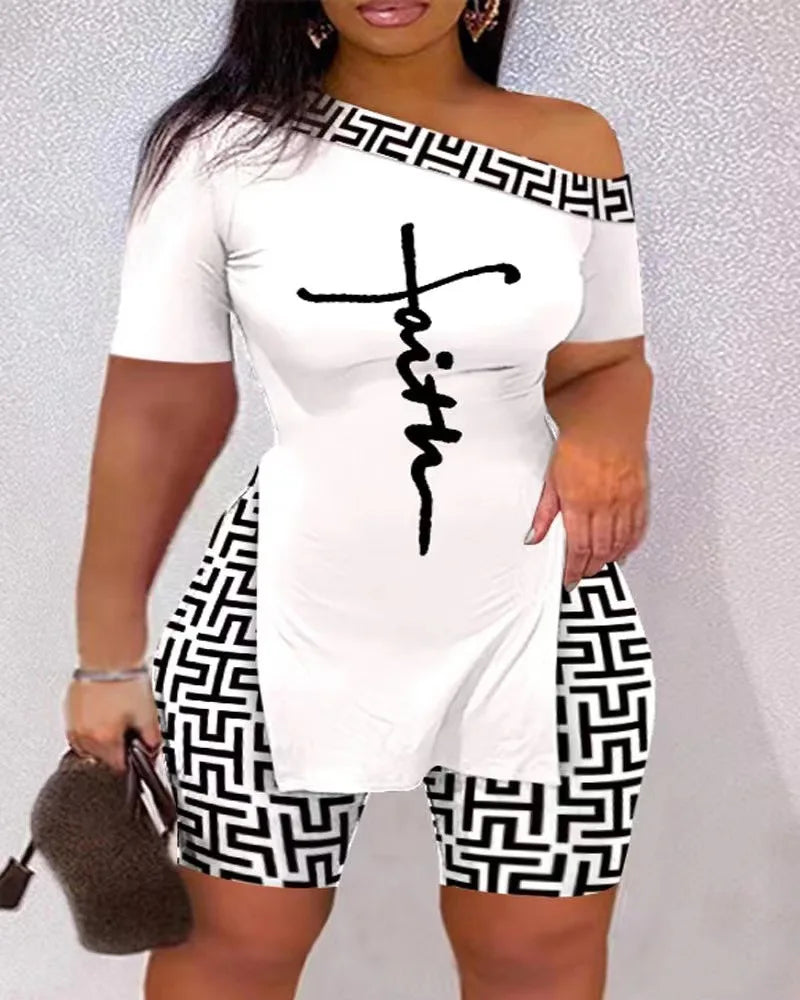 Print Two Piece Shorts Sets Women Skew Collar Short Sleeve Shirts Side Split Tops Pullover Elastic Waist Trousers Summer 2025