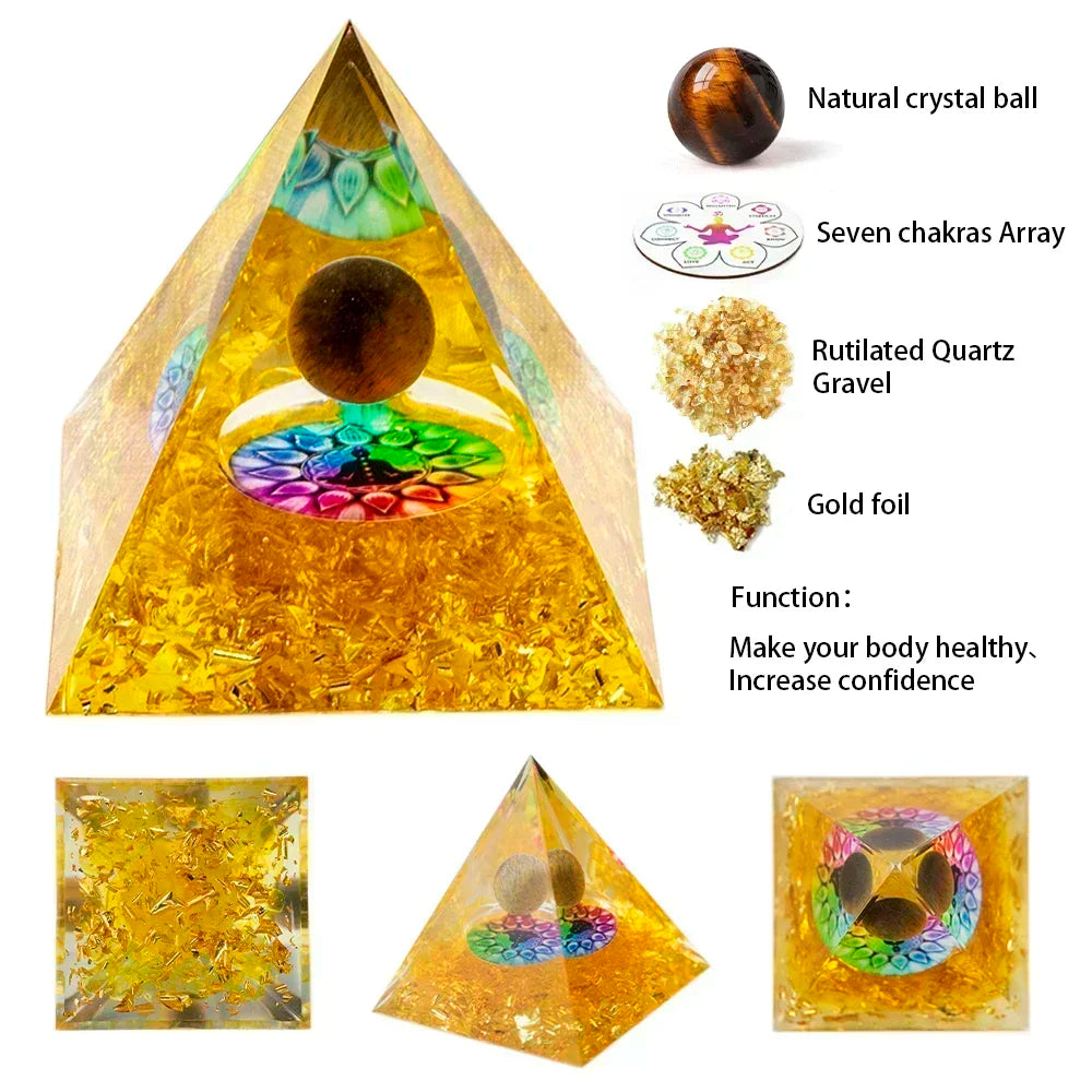 Natural Crystal Energy Generator Pyramid Peridot Amethyst Reiki Healing Chakra Resin Pyramid Egyptian Decor Room Decoration 1pc Gold Crystal