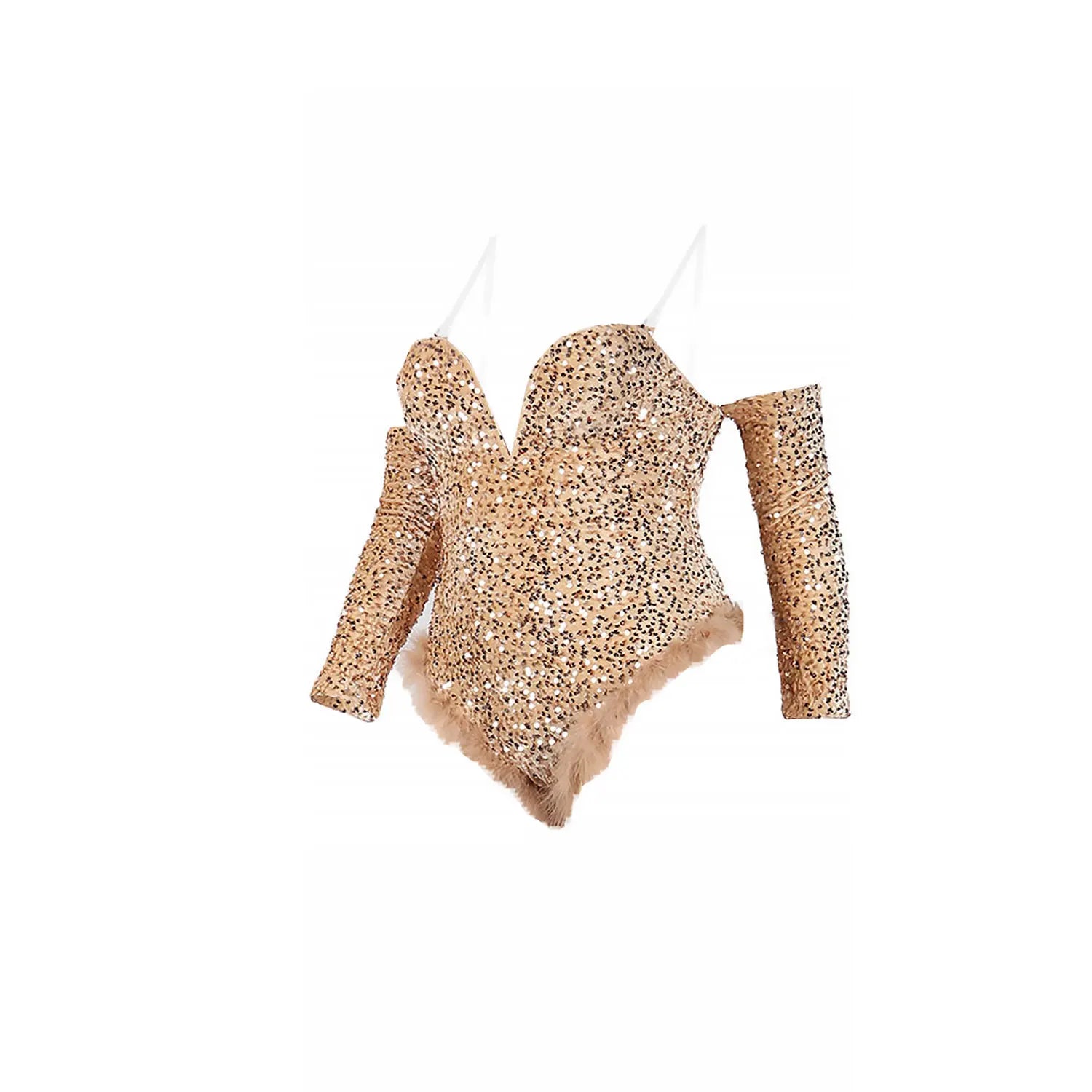 Women's Elegant Sequined Feather Slim Patchwork Bodysuits Spring Summer New Sexy Bodysuits Women Long Sleeve Backless Bodysuits