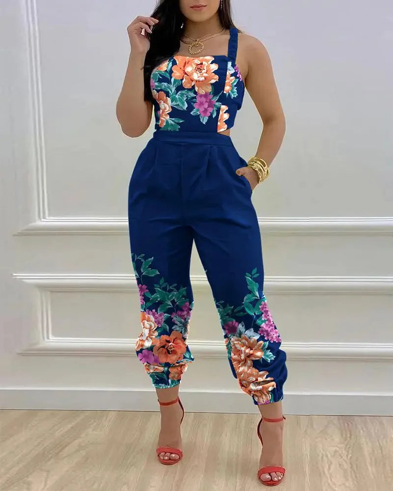 New Summer Fashion Printed Sleeveless Jumpsuit Sexy Hollow Backless Lace Up Long Jumpsuits Elegant Casual Jumpsuit With Pocket Badiee Stylez