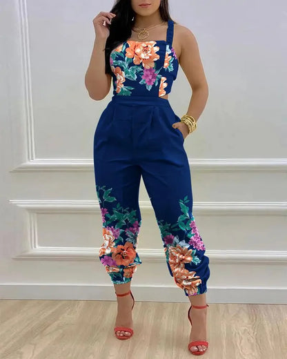 New Summer Fashion Printed Sleeveless Jumpsuit Sexy Hollow Backless Lace Up Long Jumpsuits Elegant Casual Jumpsuit With Pocket Badiee Stylez