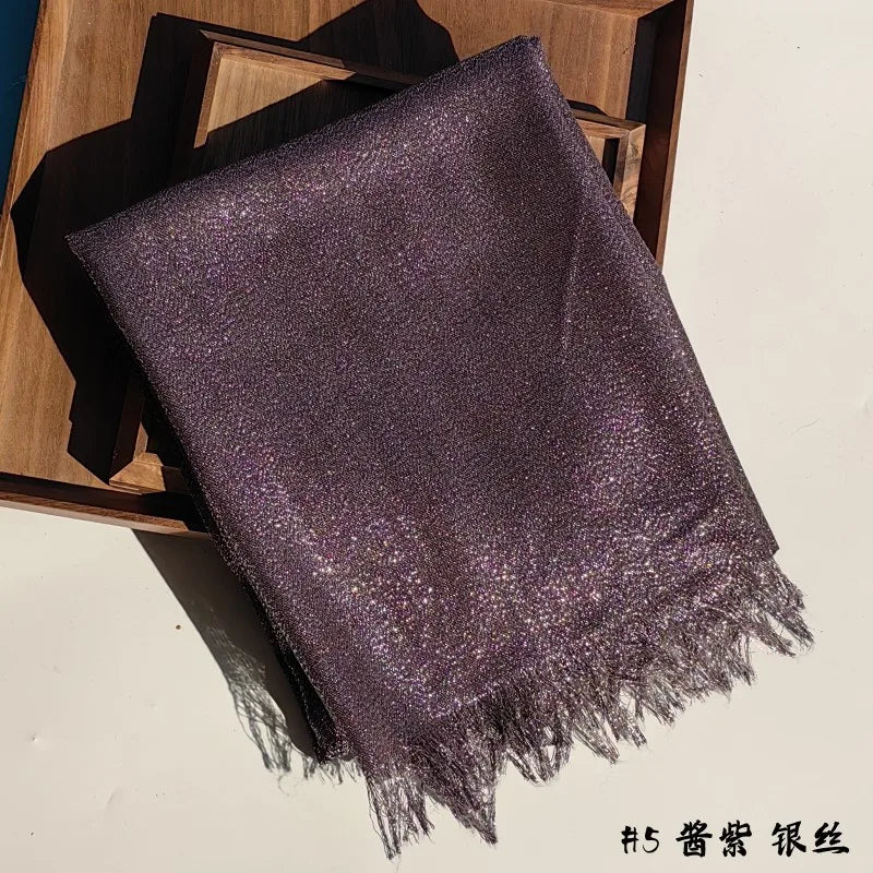 Lastest Brand Design Scarf Shiny Solid Color Shawls Rayon Fabric Gold Silk Silver Wire Head Shawl Fringe Hijab For Women 5