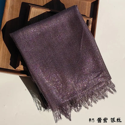 Lastest Brand Design Scarf Shiny Solid Color Shawls Rayon Fabric Gold Silk Silver Wire Head Shawl Fringe Hijab For Women 5