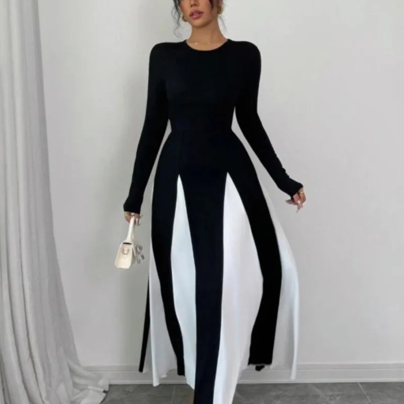 2025 Spring & Autumn Women's Long Sleeve Round Neck A Line Contrast Color Dress, Stylish Black & White Patchwork Long Dress