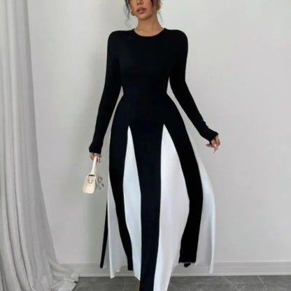2025 Spring & Autumn Women's Long Sleeve Round Neck A Line Contrast Color Dress, Stylish Black & White Patchwork Long Dress