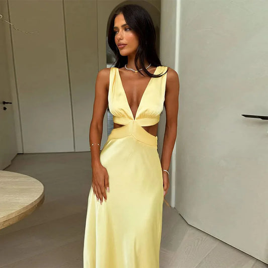 Tornova Deep V neck Hollow Long Dress Female Sleeveless Slit Beach Vacation Dress Solid Color High Waist Bodycon Women's Dress