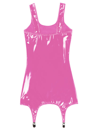 Sexy Women Wetlook Leather Tank Bodycon Dress Latex Sleeveless Mini Dresses Clubwear with Metal Clips Party Club Clothes Femme