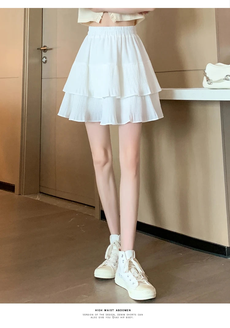 Casual Summer Ball Gown Pleated Skirts Women 2024 Korean Fashion Clothing Faldas Largas High Waist Black White A Line Mini Skirt