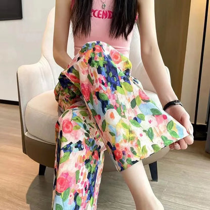 2024 Summer New Beach Pants Loose Wide-Leg Pant for Women Seaside Leisure INS High Waist Cropped Pant Straight Floral Trousers
