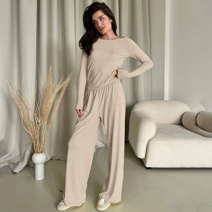 Hiloc Elegant Knit 3 Piece Sets Summer Casual Loose Sleepwear Street Chic Elastic Waist Pants Fashion Long Sleeve Shirts 2025
