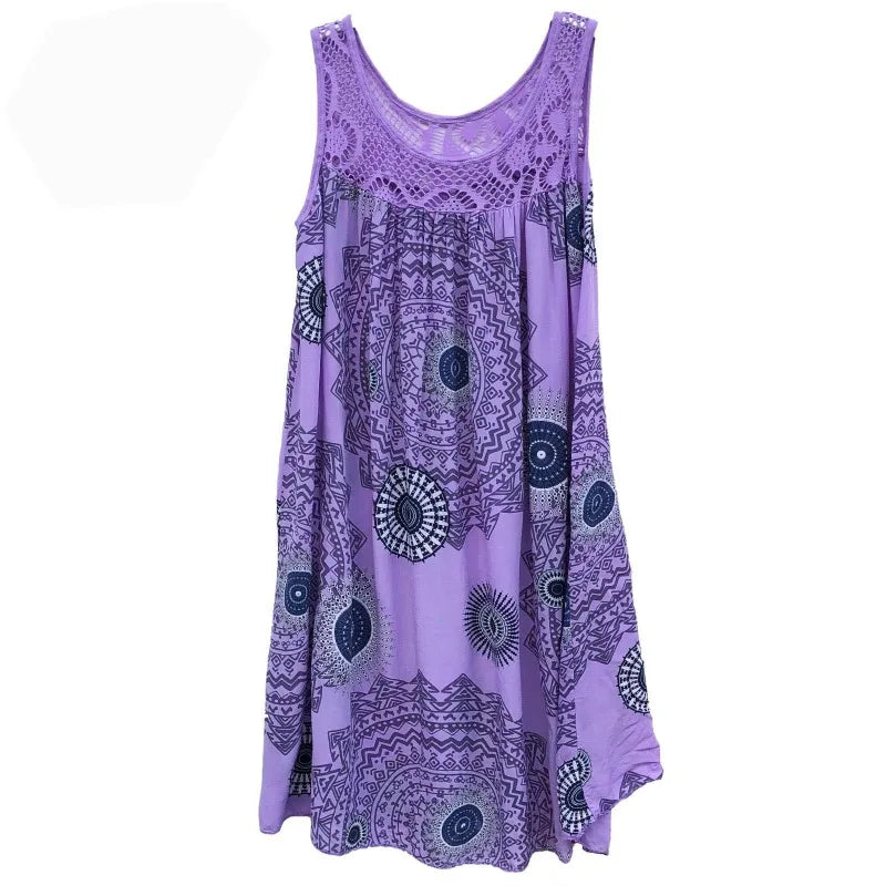 Women's clothing summer sleeveless camisole dress lace print sleeveless large swing loose sexy dress long skirt plus size PURPLE