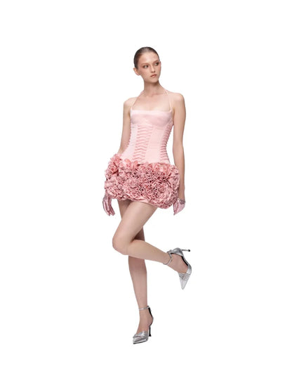 Pink Prom Dress Strapless Pink Structured Top With Floral Embellished Mini Skirt Bodycon Celebrity Party Cocktail 2 Pieces Set