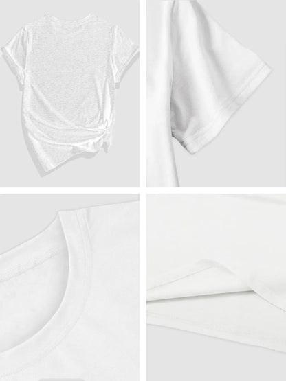 Plus Size Women's Casual Short-Sleeve Round Neck T-Shirt - White Geometric Ladybug & Daisy Print