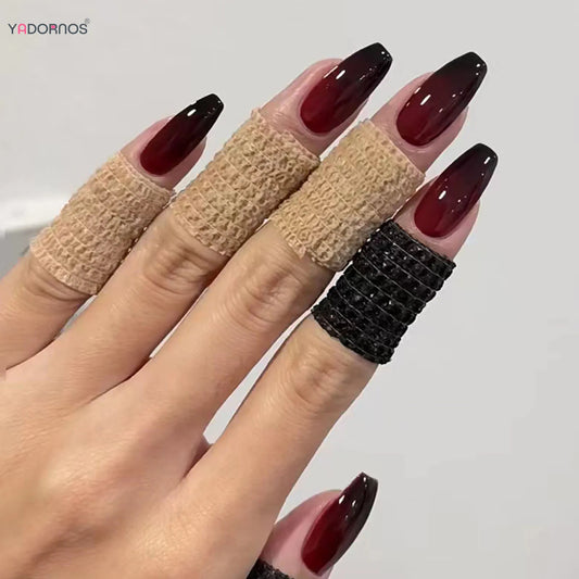 Red Black Gradient Press on Nails Medium Length Coffin Fake Nails with Sticky Tabs Ballerina False Nails Tips for Women 24Pcs Y-2