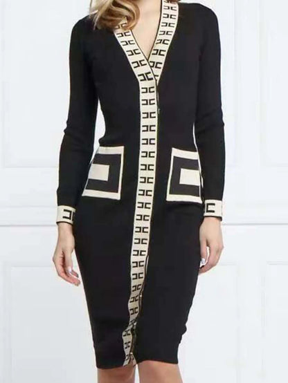 Women's Casual Dress V-neck Knit Elegant Long Sleeve Waisted Slim Fit Women Dresses Black Free Size Badiee Stylez