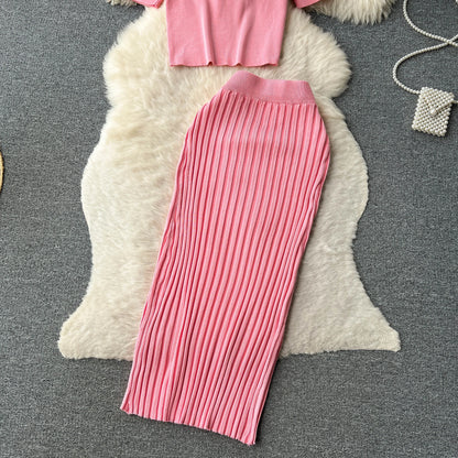 SINGREINY Casual Two Piece Sets Women Summer O Neck Top Elastic Waist Long Skirt Fashion Office Lady Korean Knit Suit