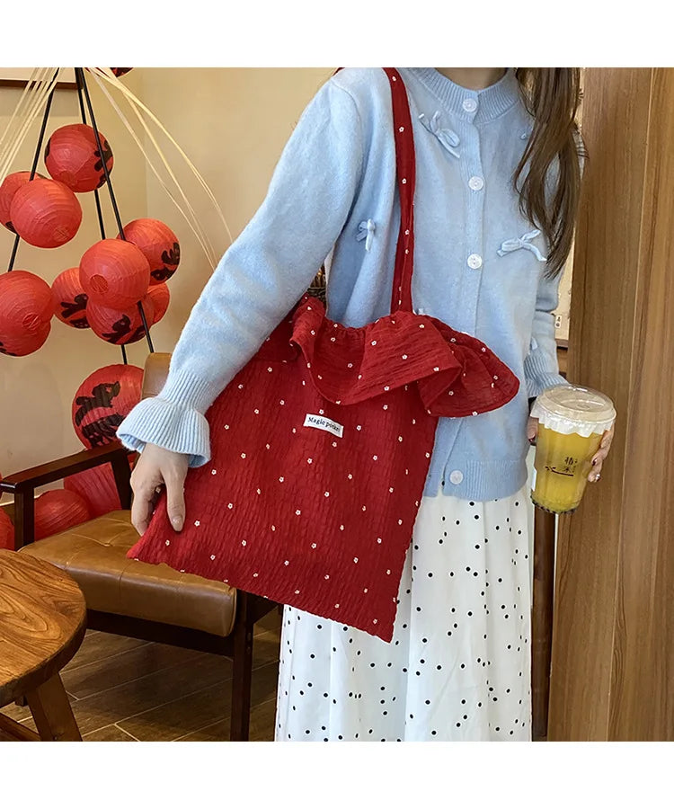 All-match Wave Point Chiffon Shoulder Bag Large Capacity Fairy Mesh Handbag Commuting Bag Korean Style Tote Bag Women