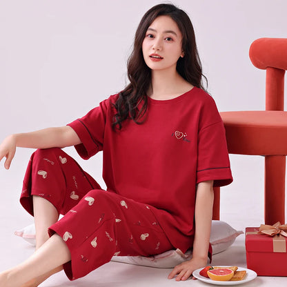 Newest Summer Casual Pajamas Set Women 100% Cotton Sleepwear Female Short Top+Calf-Length Pant Pyjamas DM99170