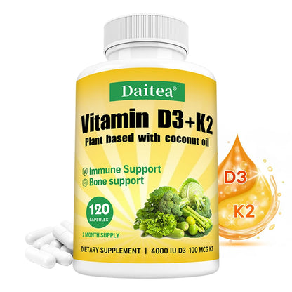 Vitamin D3 4000IU K2 100mcg Capsules Organic Coconut Oil Natural Ingredient,for Bone, Muscle Health, Promotes Immune Supplements 120count United States
