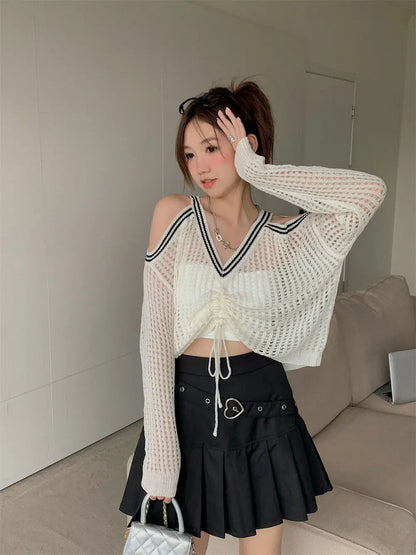 Off Shoulder Hollow Out Shirts Blouses Elegant and Youth Woman Blouse Drawstring Knitted V Neck Tops Vintage Y2k 2022 Fashion