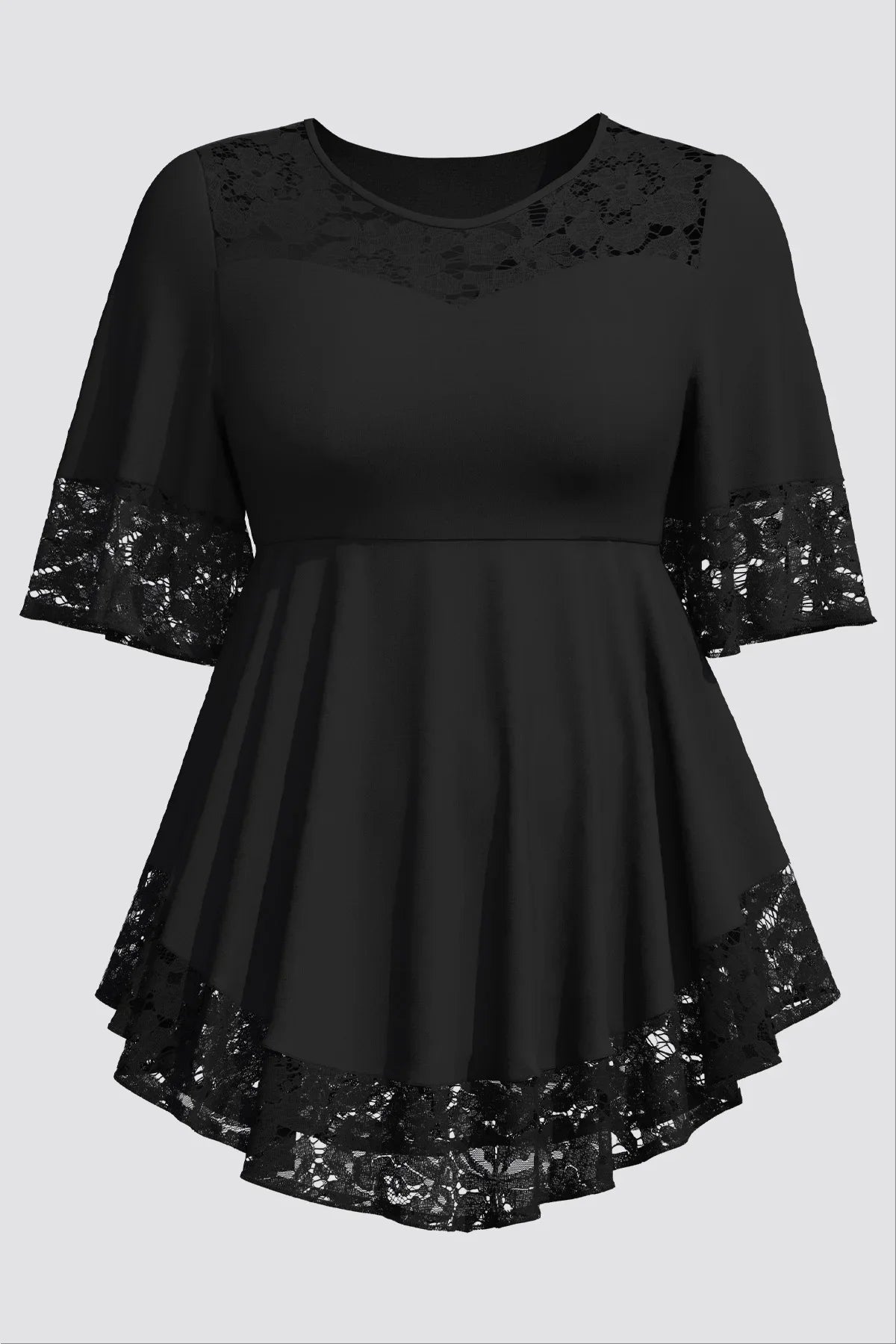 Plus Size Elegant Blouse Women Lace Patchwork Hollow Out Crew Neck Mesh Short Sleeve Office Lady Loose Ruffle Hem Female Blouses