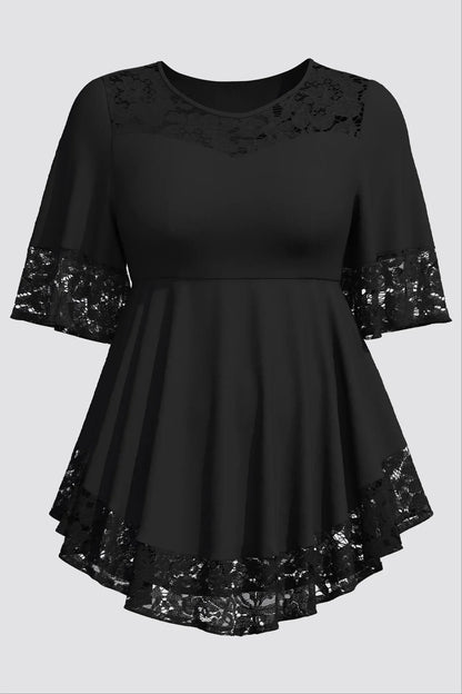 Plus Size Elegant Blouse Women Lace Patchwork Hollow Out Crew Neck Mesh Short Sleeve Office Lady Loose Ruffle Hem Female Blouses