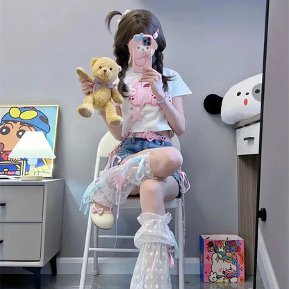 Women's Denim Shorts Strap Cute High Waist Bow Kawaii Female Short Jeans Pants Elegant New in To Wear Stretchy Trend 2025 Casual