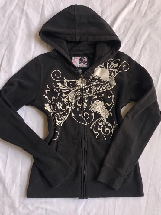 Hoodies Women 2000s Clothes Y2k Vintage Harajuku Flower Graphic Zip-up Hooded Punk Hot Girl High Street Hoodie Casual Sweatshirt black