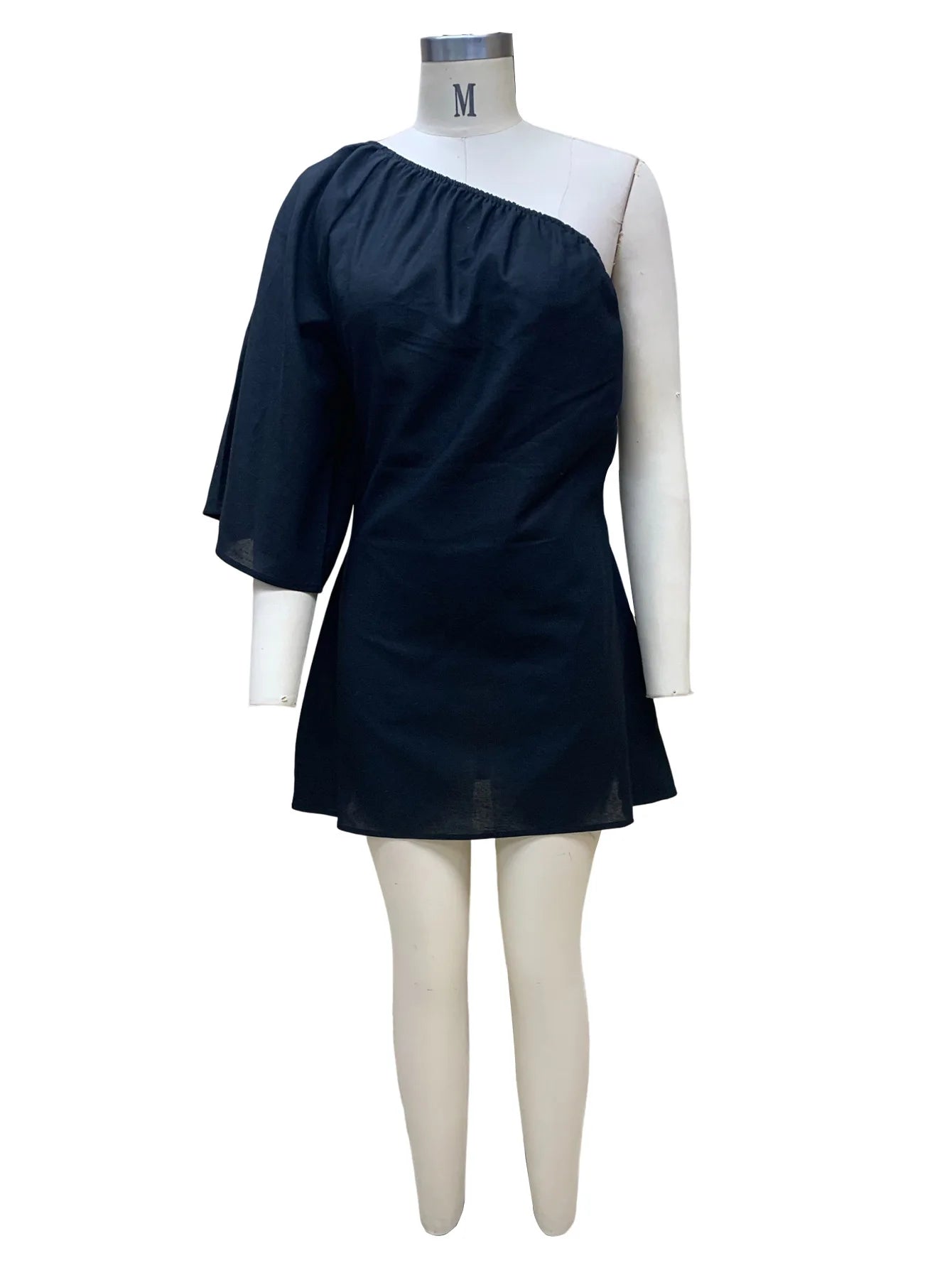 White Oblique Shoulder Cotton Linen Mini Dresses For Women Sexy Black One Shoulder Basic Puff Sleeve Party Club Dress Vestidos
