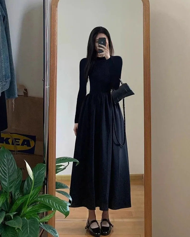 Lucyever French Style Black A-Line Dresses Women Elegant High Waist Long Sleeve Midi Dress Autumn Winter Slim Fit Maxi Dress