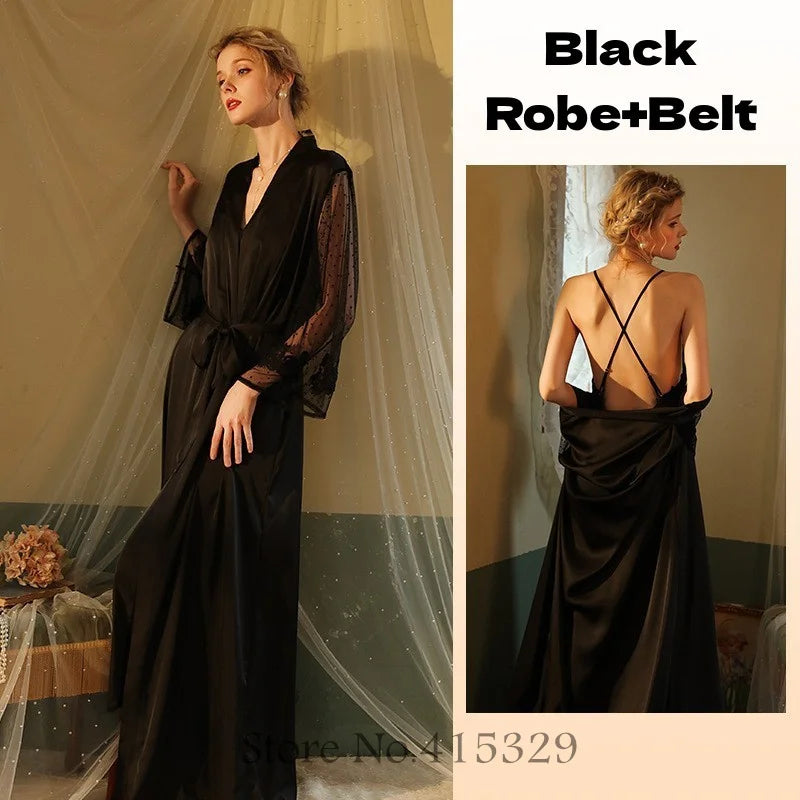 Wedding Bride Robe Set Women Sexy Lace Patchwork Nightgown Long Kimono Bath Gown Loose Suspender Nightdress Intimate Lingerie Black A