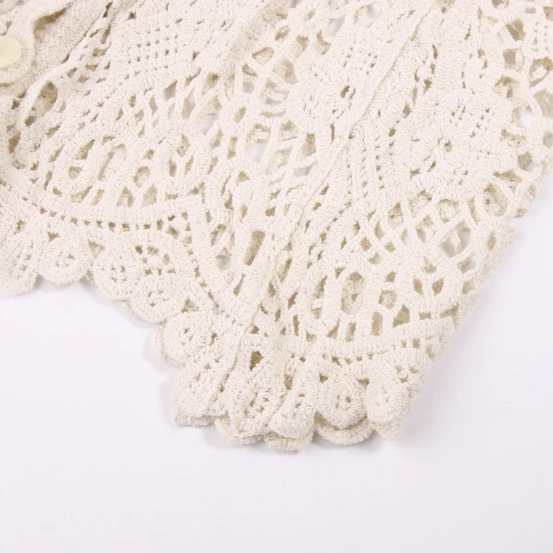 Women French Style Short Sleeve Lace Shrug Hollow Out Crochet Knit Cardigan V-Neck Button Down Sheer Crop for Jac