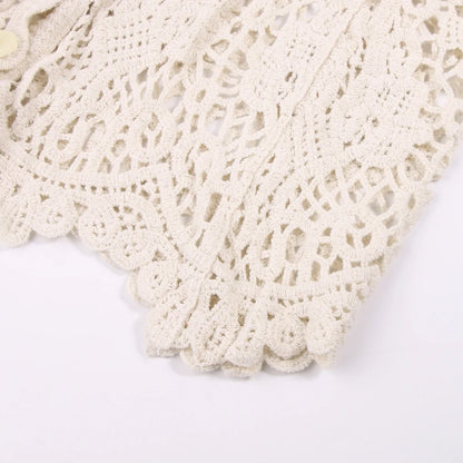 Women French Style Short Sleeve Lace Shrug Hollow Out Crochet Knit Cardigan V-Neck Button Down Sheer Crop for Jac