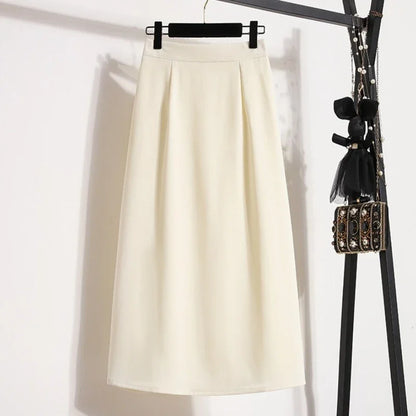2025 Summer Female Fashionable Versatile Solid Skirts High Waisted Mid Length A-line Plus Size Skirt Split Wrap Body Skirt apricot