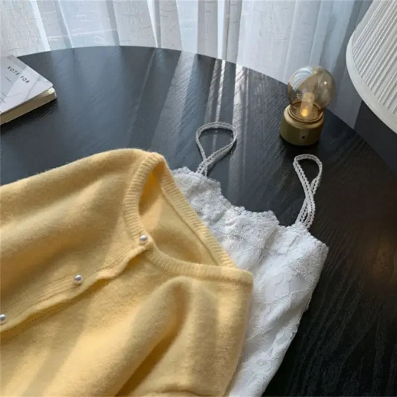 Solid Cardigan Sweater Fall Women Clothing Korean Fashion O-neck Long Sleeve Top Single Breasted Sweet Knitted Mujer Outerwear Yellow