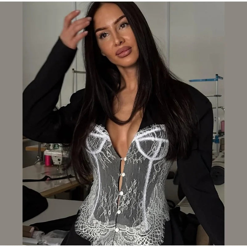 New Design Lace Patchwork Suit Jacket Women Retro Chic V-neck Single Breasted Waist-cinching Jackets Female High Street Outwear
