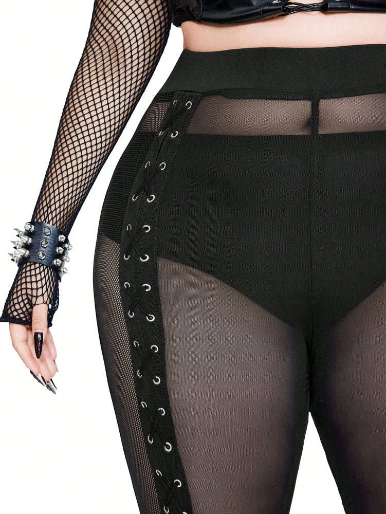 Plus Size Rave Coachella Women's Cock Eye Webbing Drawstring Tie-Up Mesh Spliced Mesh Trousers Punk Style