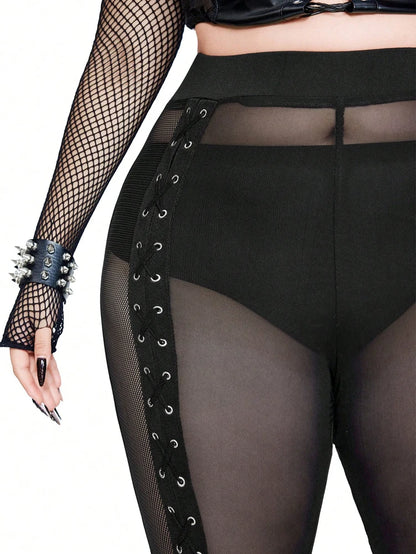Plus Size Rave Coachella Women's Cock Eye Webbing Drawstring Tie-Up Mesh Spliced Mesh Trousers Punk Style