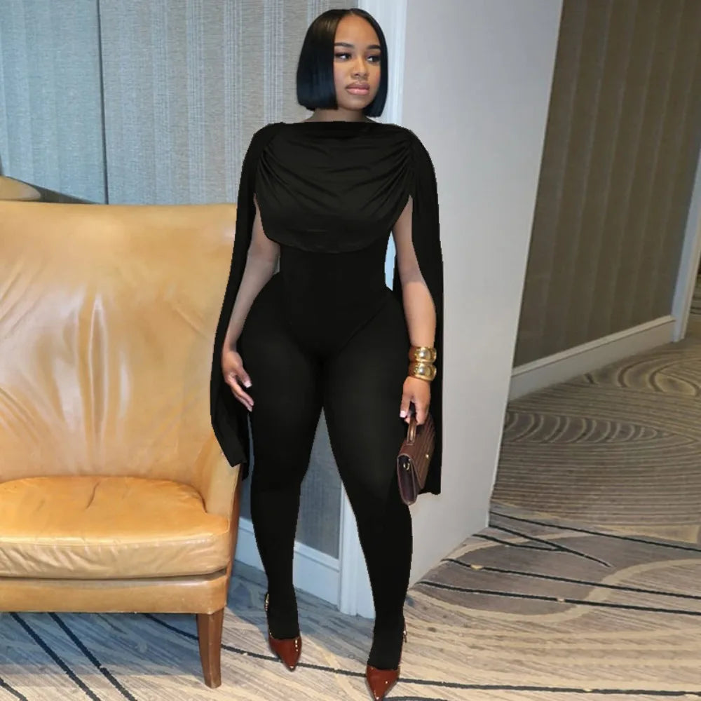 FLARORA Elegant Solid Color Ruched Jumpsuit Woman Bandage Patchwork Sleeveless Bodycon Jumpsuits Evening Party One Piece Overall Badiee Stylez