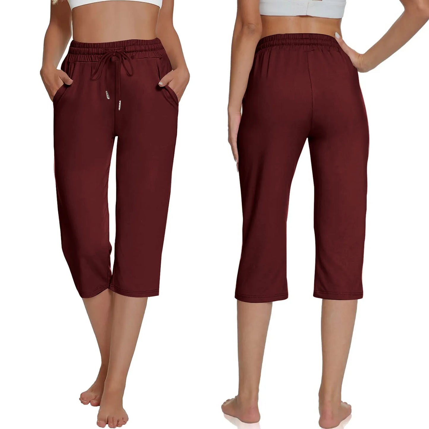 Solid Color Simple Classic Cropped Capris Pants For Women Summer Fashion Slimming Daily Versatile Sports Elastic Short Pants Wine