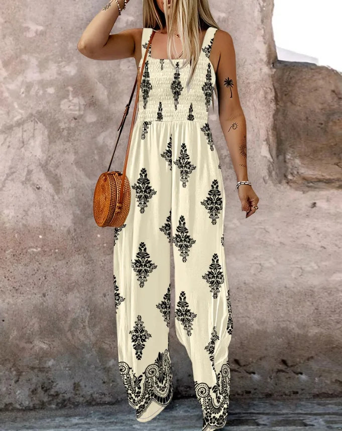 2025 Summer Female Jumpsuits with Pockets Fashion Printing Wide Legs High Waist Women's Rompers Sleeveless Strap Pants Trousers Badiee Stylez