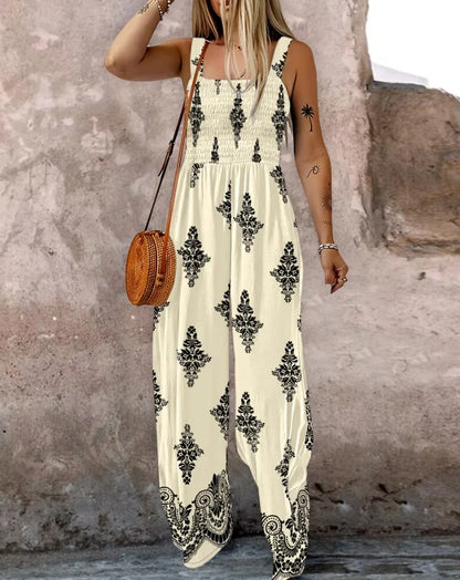 2025 Summer Female Jumpsuits with Pockets Fashion Printing Wide Legs High Waist Women's Rompers Sleeveless Strap Pants Trousers Badiee Stylez