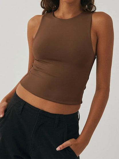 Sleeveless Tight Bottomed Shirt With Round Neck Racerback Top Coffe