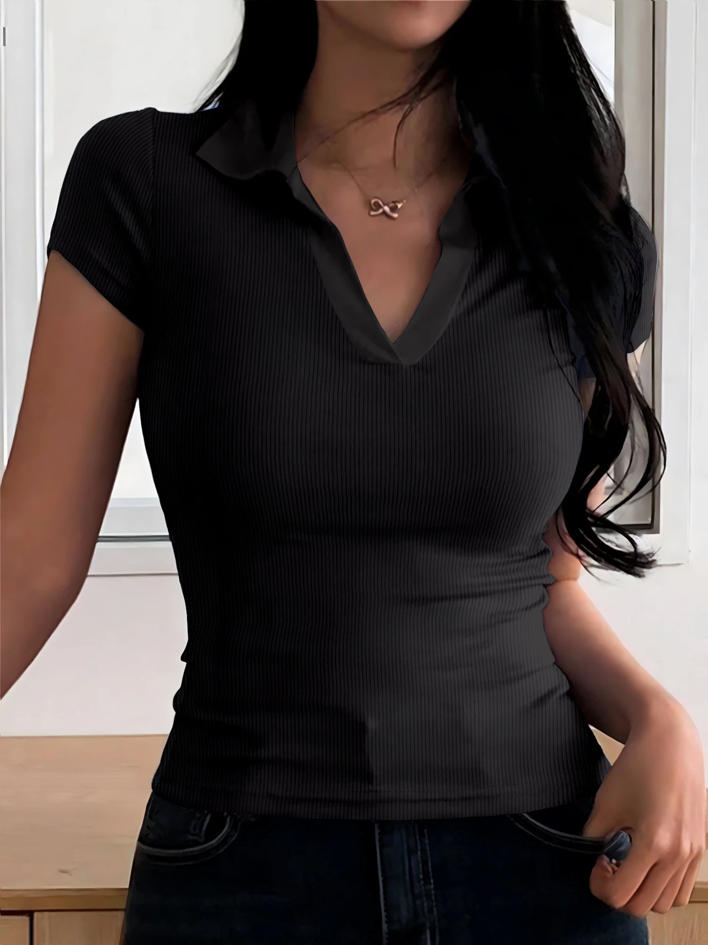 Summer Women's Color Collision POLO Shirt Slim Casual Solid Color Women's Tops Home Workwear V-neck Short-sleeved T-shirt Female black