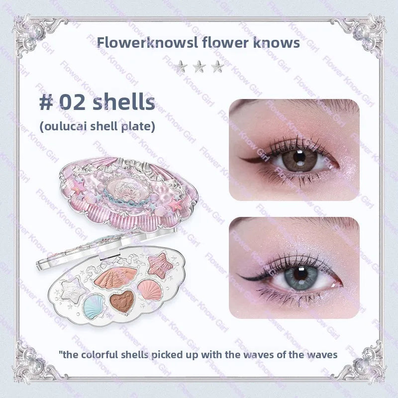 Flower Knows Moonlight Mermaid Eyeshadow Palette 8-Color Matte Shimmer Glitter Eye Makeup Cosmetics Women Beauty Eye Shadow 02shells CHINA