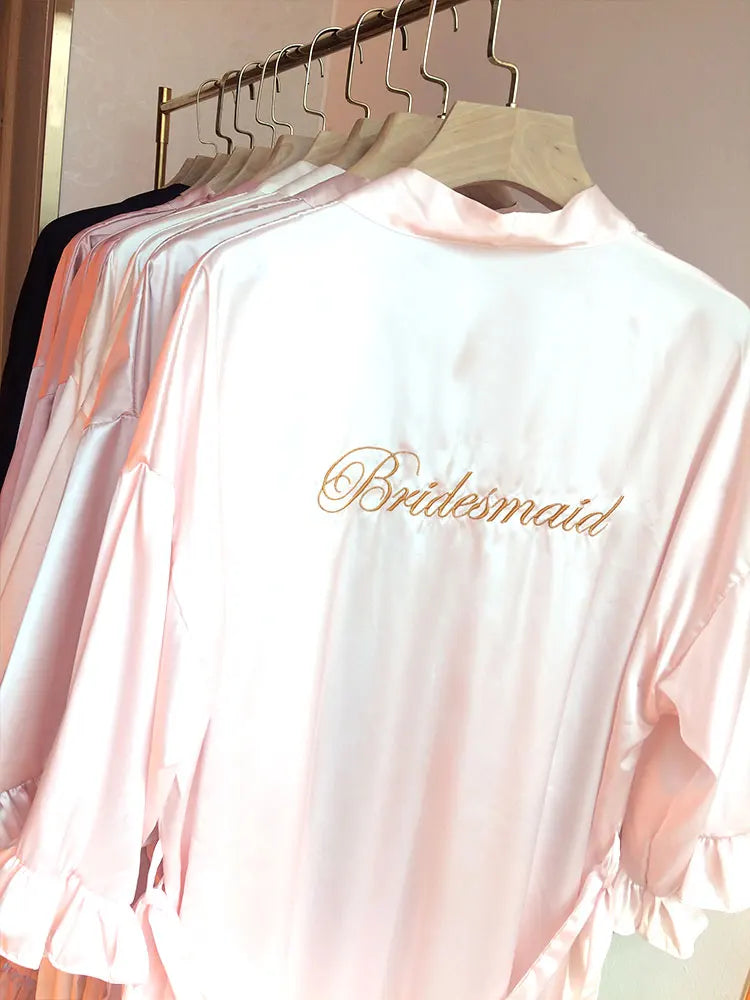 Personalized Embroidered Robe Ruffle Bridesmaids Silk Robes Bride Wedding Day Embroider Kimono Customizable Elements Kimono Robe