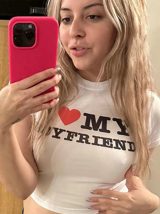I LOVE MY BOYFRIEND Summer Fashion Girls Cotton Crop Tee Short Short Sleeve Women T-Shirt