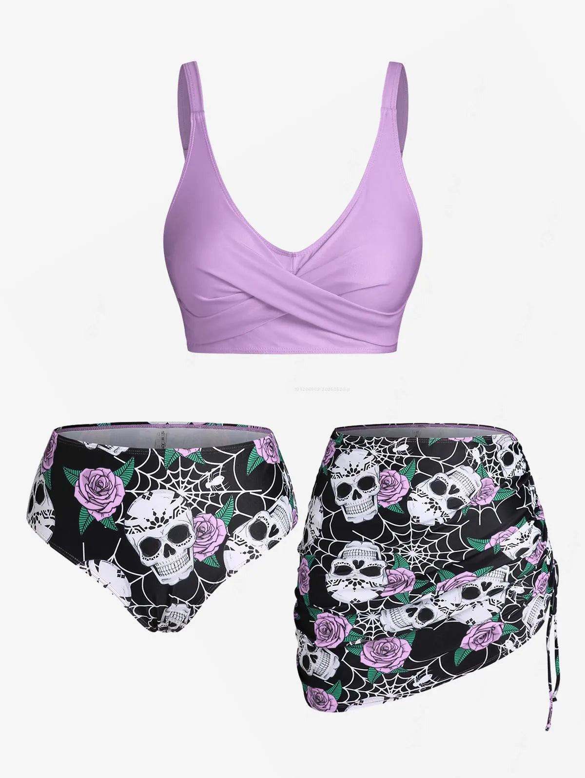 ROSEGAL Plus Size Women's Plus Size & Curve Skull Rose Print Crossover Three Piece Bikini Swimsuits Purple