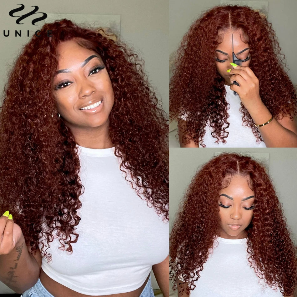 UNice Hair 7x5 Bye Bye Knots Wig Human Hair Reddish Brown Curly Lace Wig Wear Go Glueless Wig Pre Cut Bleached Lace Closure Wig